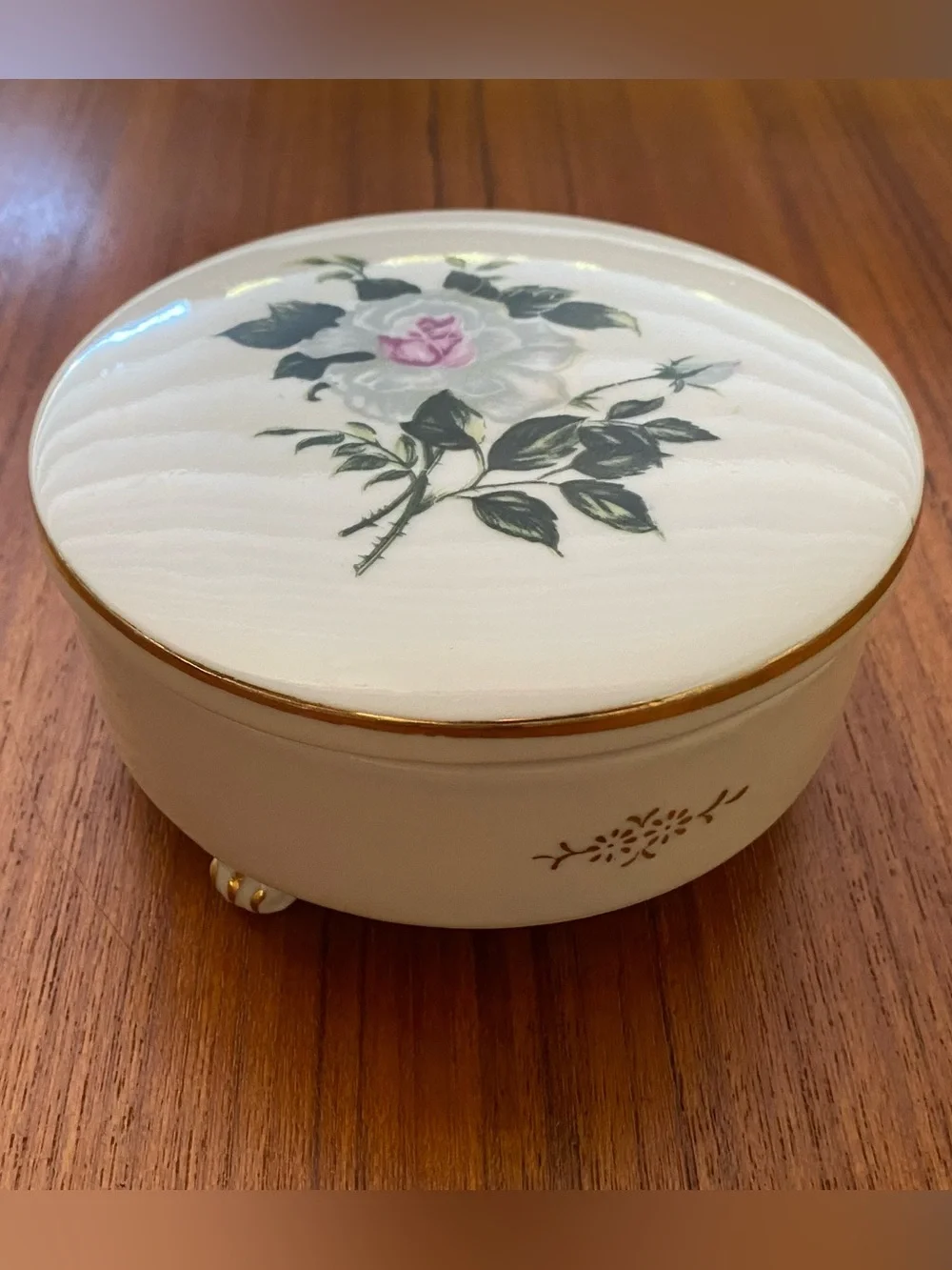 Vintage Porcelain Floral Trinket Box with Gold Trim and Gilded Clawfeet